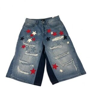 BoohooMAN star patch denim shorts 30